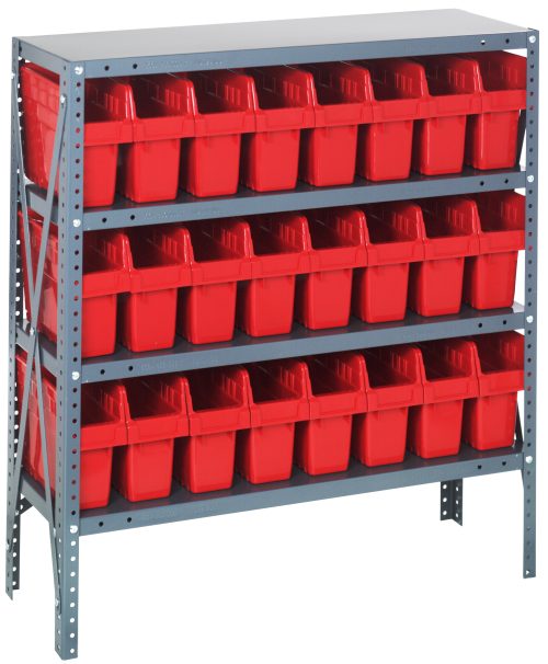 The Quantum Shelving Unit, 12D x 36L x 39H, is a heavy-duty gray metal unit with four shelves, each holding up to 400 lbs. It includes 24 Qsb801 red plastic bins and stands on sturdy uprights and cross bars in a galvanized steel finish.