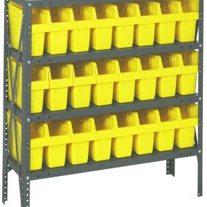 The Quantum Shelving Unit, 12D x 36L x 39H in galvanized steel, has a load capacity of 400 lbs per shelf and includes four shelves with (24) yellow QSB801 bins—each measuring 11-5/8L x 4-3/8W x 8H—neatly organized to fill the shelves completely.