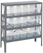 The Quantum Shelving Unit measures 12D x 36L x 39H with four heavy-duty shelves, each holding 400 lb. Made of galvanized steel, it includes adjustable uprights and crossbars plus fifteen QSB802 clear black bins for efficient storage and organization.