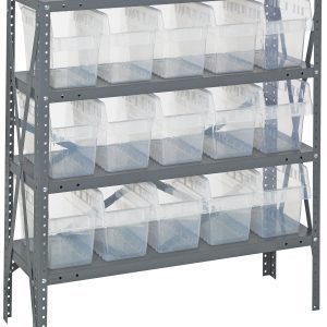 The Quantum Shelving Unit measures 12D x 36L x 39H with four heavy-duty shelves, each holding 400 lb. Made of galvanized steel, it includes adjustable uprights and crossbars plus fifteen QSB802 clear black bins for efficient storage and organization.