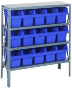 The Quantum Shelving Unit, measuring 12D x 36L x 39H, features four shelves with a heavy-duty load capacity of 400 lbs each. It includes 15 blue bins (11-5/8L x 6-5/8W x 8H) arranged evenly, and is crafted from galvanized steel for an industrial design.