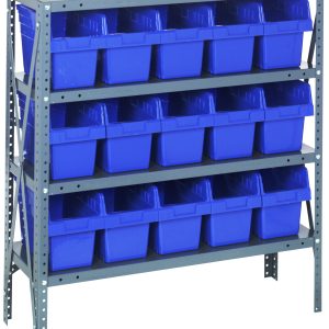 The Quantum Shelving Unit, measuring 12D x 36L x 39H, features four shelves with a heavy-duty load capacity of 400 lbs each. It includes 15 blue bins (11-5/8L x 6-5/8W x 8H) arranged evenly, and is crafted from galvanized steel for an industrial design.