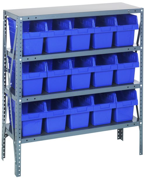 The Quantum Shelving Unit, measuring 12D x 36L x 39H, features four shelves with a heavy-duty load capacity of 400 lbs each. It includes 15 blue bins (11-5/8L x 6-5/8W x 8H) arranged evenly, and is crafted from galvanized steel for an industrial design.