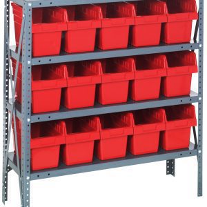 The Quantum Shelving Unit, measuring 12D x 36L x 39H, features a durable galvanized steel frame with four shelves, each supporting up to 400 lbs. It includes 15 red plastic bins (11-5/8L x 6-5/8W x 8H) and is reinforced by perforated support beams for extra strength.