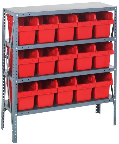 1239-802 red The Quantum Shelving Unit, measuring 12D x 36L x 39H, features a durable galvanized steel frame with four shelves, each supporting up to 400 lbs. It includes 15 red plastic bins (11-5/8L x 6-5/8W x 8H) and is reinforced by perforated support beams for extra strength.
