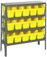 The Quantum Shelving Unit, measuring 12D x 36L x 39H, features four shelves with a sturdy 400 lb. load capacity each. It includes fifteen QSB802 yellow bins (11-5/8L x 6-5/8W x 8H) for organization and comes in a galvanized steel finish.