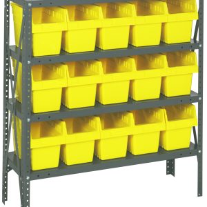 The Quantum Shelving Unit, measuring 12D x 36L x 39H, features four shelves with a sturdy 400 lb. load capacity each. It includes fifteen QSB802 yellow bins (11-5/8L x 6-5/8W x 8H) for organization and comes in a galvanized steel finish.