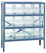 The Quantum Shelving Unit is a heavy-duty, blue structure with four tiers and a 400 lb. capacity per shelf. It features adjustable perforated supports and includes 12 clear plastic bins (11-5/8L x 8-3/8W x 8H). Dimensions: 12D x 36L x 39H, made of galvanized steel.