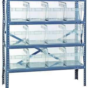 The Quantum Shelving Unit is a heavy-duty, blue structure with four tiers and a 400 lb. capacity per shelf. It features adjustable perforated supports and includes 12 clear plastic bins (11-5/8L x 8-3/8W x 8H). Dimensions: 12D x 36L x 39H, made of galvanized steel.