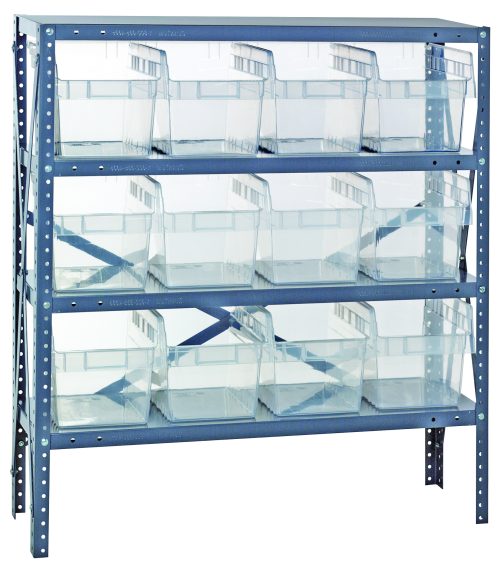 QSB807 Cl -8 The Quantum Shelving Unit is a heavy-duty, blue structure with four tiers and a 400 lb. capacity per shelf. It features adjustable perforated supports and includes 12 clear plastic bins (11-5/8L x 8-3/8W x 8H). Dimensions: 12D x 36L x 39H, made of galvanized steel.