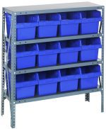 The Quantum Shelving Unit, measuring 12D x 36L x 39H, features four heavy-duty galvanized steel shelves with a 400 lb. load capacity each. It includes twelve Qsb807 blue bins (11-5/8L x 8-3/8W x 8H), offering a sturdy and reliable storage solution.