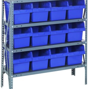 The Quantum Shelving Unit, measuring 12D x 36L x 39H, features four heavy-duty galvanized steel shelves with a 400 lb. load capacity each. It includes twelve Qsb807 blue bins (11-5/8L x 8-3/8W x 8H), offering a sturdy and reliable storage solution.