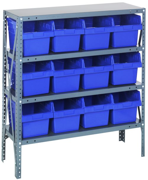 The Quantum Shelving Unit, measuring 12D x 36L x 39H, features four heavy-duty galvanized steel shelves with a 400 lb. load capacity each. It includes twelve Qsb807 blue bins (11-5/8L x 8-3/8W x 8H), offering a sturdy and reliable storage solution.