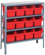 The Quantum Shelving Unit, measuring 12D x 36L x 39H, features four sturdy shelves each supporting up to 400 lbs. It includes 12 red and black QSB807 bins (11-5/8L x 8-3/8W x 8H), with a galvanized steel finish and reinforced by uprights and cross bars.
