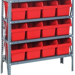 The Quantum Shelving Unit, measuring 12D x 36L x 39H, features four sturdy shelves each supporting up to 400 lbs. It includes 12 red and black QSB807 bins (11-5/8L x 8-3/8W x 8H), with a galvanized steel finish and reinforced by uprights and cross bars.