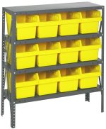 The Quantum Shelving Unit, 12D x 36L x 39H, features four heavy-duty shelves with a 400 lb. load capacity each and includes (12) QSB807 yellow black bins. Its galvanized steel finish comes with perforated sides for adjustable shelving to ensure uniform storage spacing.