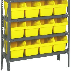 The Quantum Shelving Unit, 12D x 36L x 39H, features four heavy-duty shelves with a 400 lb. load capacity each and includes (12) QSB807 yellow black bins. Its galvanized steel finish comes with perforated sides for adjustable shelving to ensure uniform storage spacing.