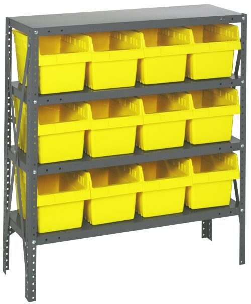 The Quantum Shelving Unit, 12D x 36L x 39H, features four heavy-duty shelves with a 400 lb. load capacity each and includes (12) QSB807 yellow black bins. Its galvanized steel finish comes with perforated sides for adjustable shelving to ensure uniform storage spacing.