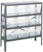 The Quantum Shelving Unit, measuring 12D x 36L x 39H, is a heavy-duty metal design with a galvanized steel finish and industrial style. Featuring four shelves, it includes nine clear black bins (11-5/8L x 11-1/8W x 8H), each capable of holding up to 400 lbs.