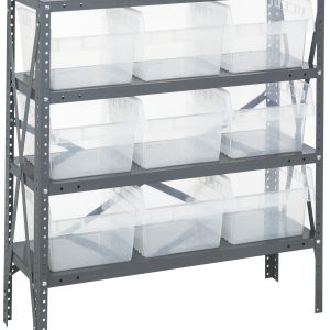 The Quantum Shelving Unit, measuring 12D x 36L x 39H, is a heavy-duty metal design with a galvanized steel finish and industrial style. Featuring four shelves, it includes nine clear black bins (11-5/8L x 11-1/8W x 8H), each capable of holding up to 400 lbs.