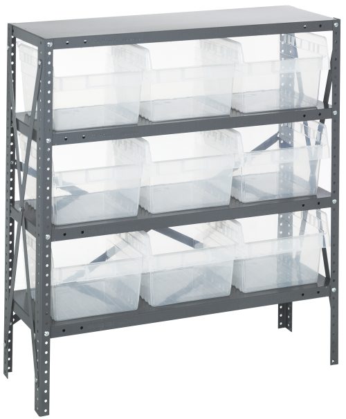 The Quantum Shelving Unit, measuring 12D x 36L x 39H, is a heavy-duty metal design with a galvanized steel finish and industrial style. Featuring four shelves, it includes nine clear black bins (11-5/8L x 11-1/8W x 8H), each capable of holding up to 400 lbs.