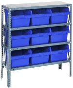 The Quantum Shelving Unit, measuring 12D x 36L x 39H, features a galvanized steel finish and can hold up to 400 lbs per shelf. It includes four shelves and nine QSB809 blue black bins (11-5/8L x 11-1/8W x 8H), fitting perfectly for organized storage with sturdy uprights and crossbars.