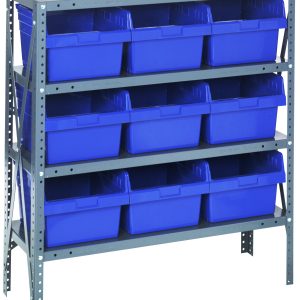 The Quantum Shelving Unit, measuring 12D x 36L x 39H, features a galvanized steel finish and can hold up to 400 lbs per shelf. It includes four shelves and nine QSB809 blue black bins (11-5/8L x 11-1/8W x 8H), fitting perfectly for organized storage with sturdy uprights and crossbars.