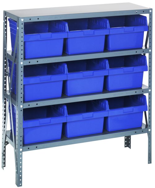 The Quantum Shelving Unit, measuring 12D x 36L x 39H, features a galvanized steel finish and can hold up to 400 lbs per shelf. It includes four shelves and nine QSB809 blue black bins (11-5/8L x 11-1/8W x 8H), fitting perfectly for organized storage with sturdy uprights and crossbars.