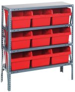 The Quantum Shelving Unit, measuring 12D x 36L x 39H, features four heavy-duty galvanized steel shelves with a 400 lb. load capacity each and includes nine red and black QSB809 bins (11-5/8L x 11-1/8W x 8H), making organized storage effortless.