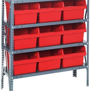 The Quantum Shelving Unit, measuring 12D x 36L x 39H, features four heavy-duty galvanized steel shelves with a 400 lb. load capacity each and includes nine red and black QSB809 bins (11-5/8L x 11-1/8W x 8H), making organized storage effortless.