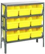 The Quantum Shelving Unit, measuring 12D x 36L x 39H, supports 400 lb. per shelf and includes four shelves with nine (QSB809) yellow bins (11-5/8L x 11-1/8W x 8H), uprights, and cross bars in a galvanized steel finish for optimal storage.