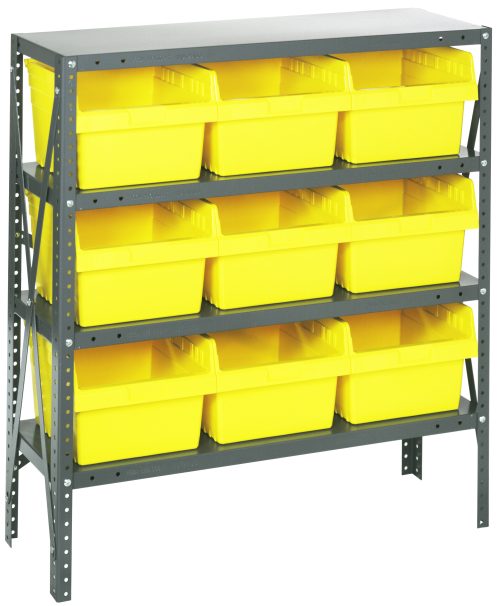 1239-809 Yellow The Quantum Shelving Unit, measuring 12D x 36L x 39H, supports 400 lb. per shelf and includes four shelves with nine (QSB809) yellow bins (11-5/8L x 11-1/8W x 8H), uprights, and cross bars in a galvanized steel finish for optimal storage.
