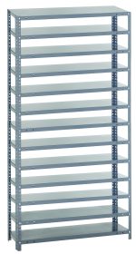 The Quantum Shelving Unit, measuring 12D x 36L x 75H, is a heavy-duty storage solution with a galvanized steel finish and a load capacity of 400 lbs per shelf. It includes ten open-sided shelves plus three additional shelves for customizable organization.