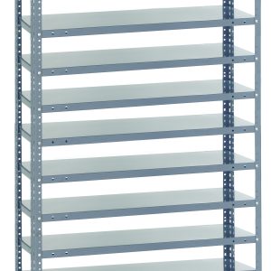 The Quantum Shelving Unit, measuring 12D x 36L x 75H, is a heavy-duty storage solution with a galvanized steel finish and a load capacity of 400 lbs per shelf. It includes ten open-sided shelves plus three additional shelves for customizable organization.