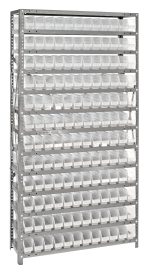 The Quantum Shelving Unit, 12D x 36L x 75H, features a sturdy steel frame with thirteen heavy-duty shelves, each holding up to 400 lbs. It includes 144 clear black bins (11-5/8L x 2-3/4W x 4H) organized neatly across the unit.