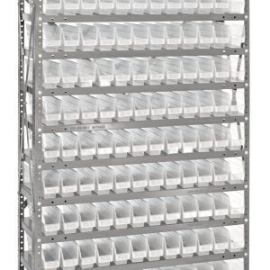 The Quantum Shelving Unit, 12D x 36L x 75H, features a sturdy steel frame with thirteen heavy-duty shelves, each holding up to 400 lbs. It includes 144 clear black bins (11-5/8L x 2-3/4W x 4H) organized neatly across the unit.
