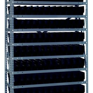 The Quantum Shelving Unit, measuring 12D x 36L x 75H with a galvanized steel finish, includes 13 shelves and supports 400 lbs per shelf. It comes with 144 QSB100 black bins (11-5/8L x 2-3/4W x 4H) for efficient organization across its sturdy frame.