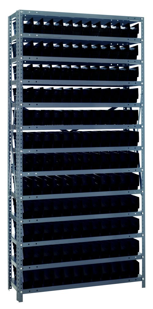 The Quantum Shelving Unit, measuring 12D x 36L x 75H with a galvanized steel finish, includes 13 shelves and supports 400 lbs per shelf. It comes with 144 QSB100 black bins (11-5/8L x 2-3/4W x 4H) for efficient organization across its sturdy frame.
