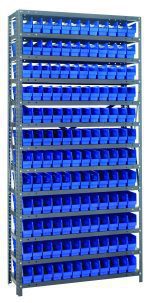 The Quantum Shelving Unit measures 12D x 36L x 75H and includes 13 heavy-duty shelves with a 400 lb. load capacity each. It comes with 144 blue bins (11-5/8L x 2-3/4W x 4H) securely attached, perfect for organizing small parts or tools. The unit has galvanized steel uprights and crossbars.