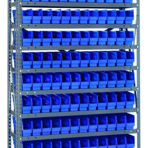 The Quantum Shelving Unit measures 12D x 36L x 75H and includes 13 heavy-duty shelves with a 400 lb. load capacity each. It comes with 144 blue bins (11-5/8L x 2-3/4W x 4H) securely attached, perfect for organizing small parts or tools. The unit has galvanized steel uprights and crossbars.