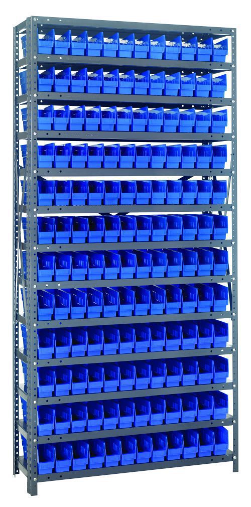 1275-100_BL.jpg The Quantum Shelving Unit measures 12D x 36L x 75H and includes 13 heavy-duty shelves with a 400 lb. load capacity each. It comes with 144 blue bins (11-5/8L x 2-3/4W x 4H) securely attached, perfect for organizing small parts or tools. The unit has galvanized steel uprights and crossbars.