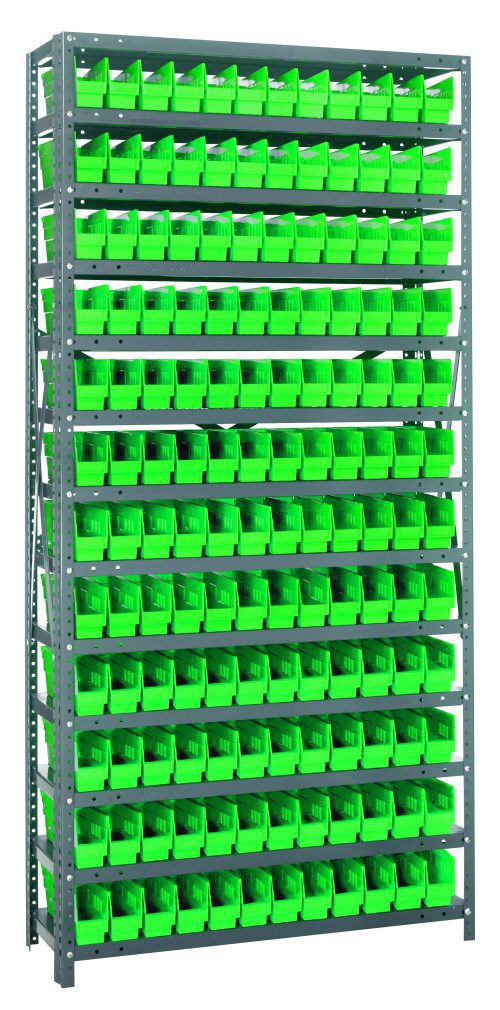 The Quantum Shelving Unit, 12D x 36L x 75H, features a galvanized steel finish and holds 13 shelves, each with a 400 lb load capacity. It includes 144 green QSB100 bins (11-5/8L x 2-3/4W x 4H) uniformly arranged against a plain background.