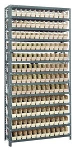 The Quantum Shelving Unit (12D x 36L x 75H) is heavy-duty with a 400 lb. load capacity per shelf, featuring a galvanized steel finish and includes 13 shelves holding (144) uniform QSB100 ivory black bins each measuring 11-5/8L x 2-3/4W x 4H, offering an organized look.
