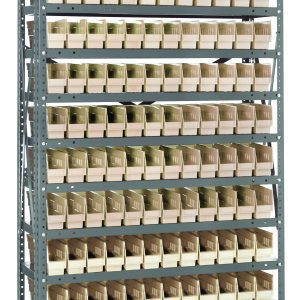 The Quantum Shelving Unit (12D x 36L x 75H) is heavy-duty with a 400 lb. load capacity per shelf, featuring a galvanized steel finish and includes 13 shelves holding (144) uniform QSB100 ivory black bins each measuring 11-5/8L x 2-3/4W x 4H, offering an organized look.