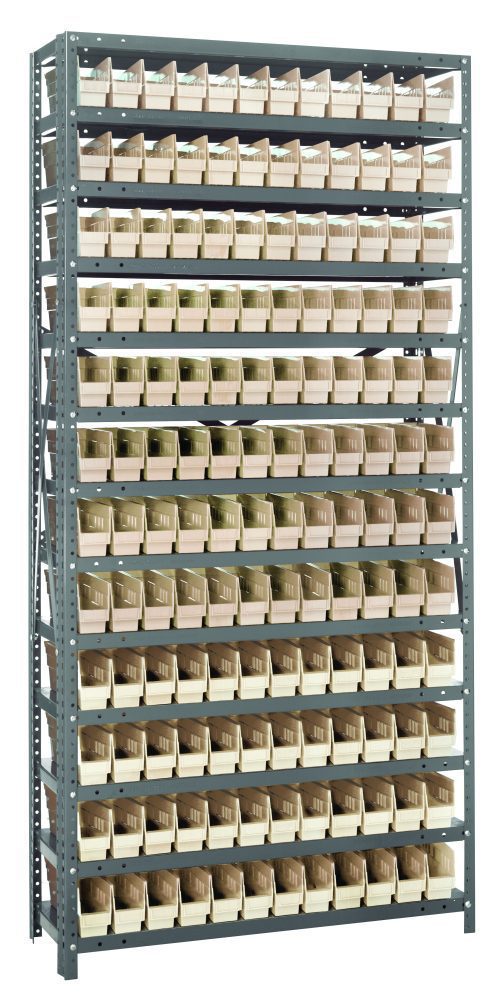 1275-100_IV.jpg The Quantum Shelving Unit (12D x 36L x 75H) is heavy-duty with a 400 lb. load capacity per shelf, featuring a galvanized steel finish and includes 13 shelves holding (144) uniform QSB100 ivory black bins each measuring 11-5/8L x 2-3/4W x 4H, offering an organized look.