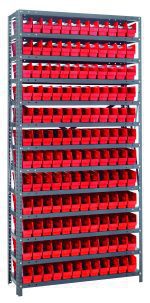 The Quantum Shelving Unit measures 12D x 36L x 75H, with a load capacity of 400 lbs per shelf. It includes 13 shelves and comes with 144 red Qsb100 bins, making it ideal for organizing small items in warehouses or workshops. Its made of galvanized steel for durability.