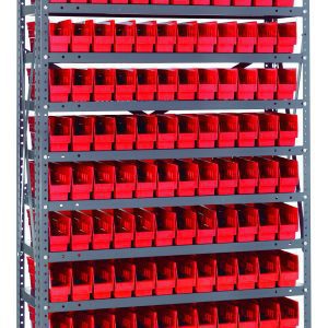 The Quantum Shelving Unit measures 12D x 36L x 75H, with a load capacity of 400 lbs per shelf. It includes 13 shelves and comes with 144 red Qsb100 bins, making it ideal for organizing small items in warehouses or workshops. Its made of galvanized steel for durability.