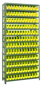 The Quantum Shelving Unit, measuring 12D x 36L x 75H, features a galvanized steel finish and supports up to 400 lbs per shelf. It includes 13 shelves with 144 yellow QSB100 bins (11-5/8L x 2-3/4W x 4H) arranged in tidy columns.