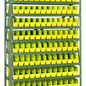 The Quantum Shelving Unit, measuring 12D x 36L x 75H, features a galvanized steel finish and supports up to 400 lbs per shelf. It includes 13 shelves with 144 yellow QSB100 bins (11-5/8L x 2-3/4W x 4H) arranged in tidy columns.