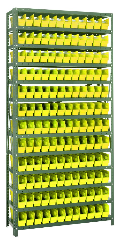 The Quantum Shelving Unit, measuring 12D x 36L x 75H, features a galvanized steel finish and supports up to 400 lbs per shelf. It includes 13 shelves with 144 yellow QSB100 bins (11-5/8L x 2-3/4W x 4H) arranged in tidy columns.